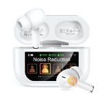 Wireless earbuds with smart touchscreen charging case pearl white