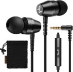 black wired earbuds with microphone