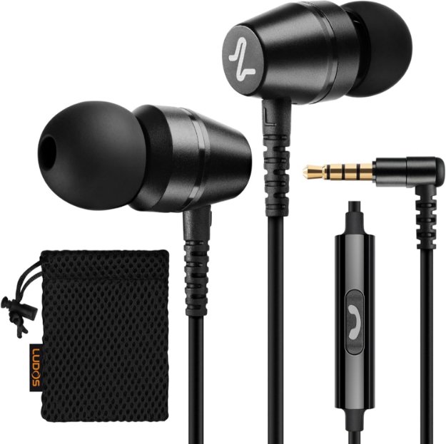 black wired earbuds with microphone
