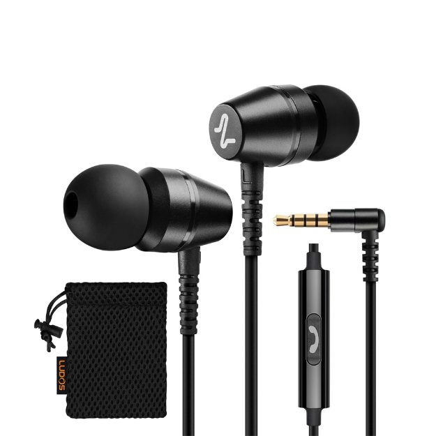 black wired earbuds with microphone