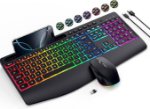 Picture of Wireless Keyboard and Mouse Set 9 RGB Backlit Effects, Wrist Rest, 2.4G Rechargeable Ergonomic Keyboard with Phone Holder, Silent Keyboard Mouse Combo 