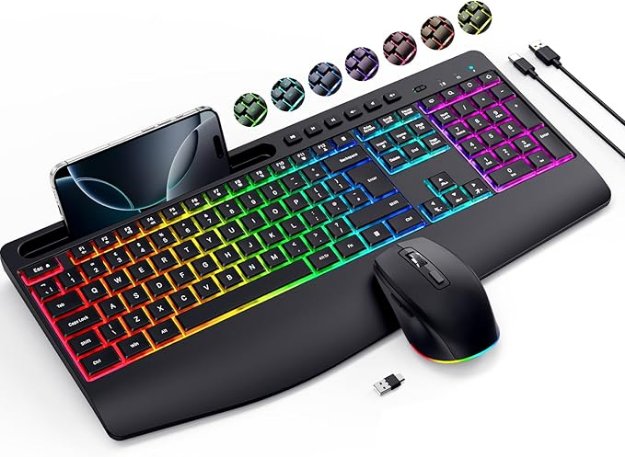 Picture of Wireless Keyboard and Mouse Set 9 RGB Backlit Effects, Wrist Rest, 2.4G Rechargeable Ergonomic Keyboard with Phone Holder, Silent Keyboard Mouse Combo 