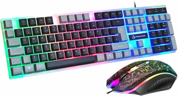 Picture of USB Wired Keyboard and Mouse Set, Luminous LED Lights, Full Size Slim Keyboard, LED Gaming Mouse, Game or Business, UK Layout (Retro)