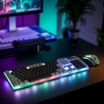 Picture of USB Wired Keyboard and Mouse Set, Luminous LED Lights, Full Size Slim Keyboard, LED Gaming Mouse, Game or Business, UK Layout (Retro)