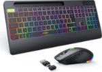Picture of Wireless Keyboard and Mouse Combo with Rainbow Backlit, Rechargeable Keyboard and Mice Set UK Layout Full Size with 2 in 1 USB C & USB A Dongle and Wirst Rest, Black