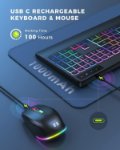 Picture of Wireless Keyboard and Mouse Combo with Rainbow Backlit, Rechargeable Keyboard and Mice Set UK Layout Full Size with 2 in 1 USB C & USB A Dongle and Wirst Rest, Black