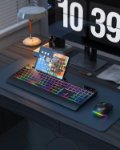 Picture of Wireless Keyboard and Mouse Combo with Rainbow Backlit, Rechargeable Keyboard and Mice Set UK Layout Full Size with 2 in 1 USB C & USB A Dongle and Wirst Rest, Black