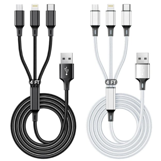 Picture of 2 Pack 3 in 1 Multi Charging Cable 3A Fast Charger 1.25M Nylon Braided USB Cable with Lightning, Micro USB & Type-C for iPhone, Samsung, Android, PS4/PS5