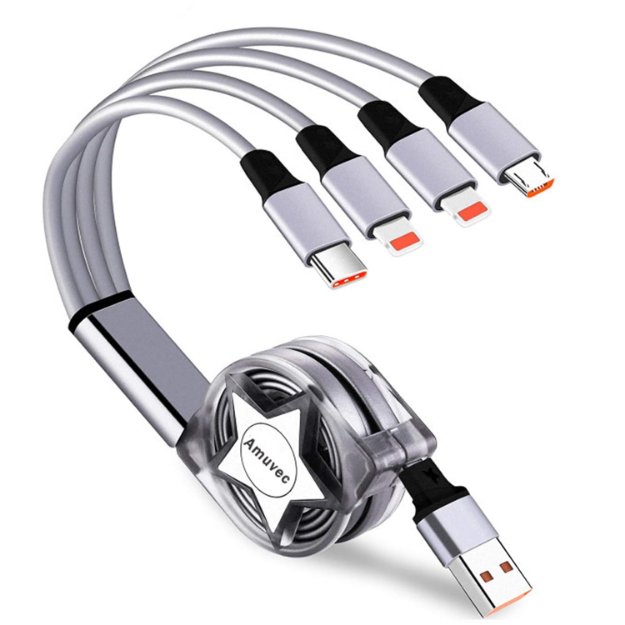 Picture of 4 in 1 Retractable Multi Charging Cable 3A Fast Charger 1M USB Cable with Lightning, Micro USB & USB-C for iPhone, Samsung, Android, PS4/PS5
