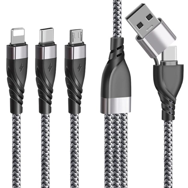 Picture of 5 in 1 Multi Charging Cable USB A & USB C 3A Fast Charger 1.2M Nylon Braided Cable with Lightning, Micro USB & Type C for iPhone, Samsung, Android, PS5