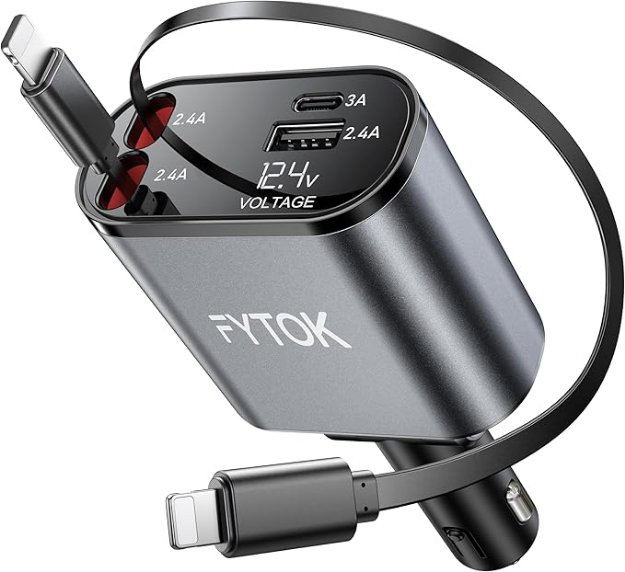 Picture of 4-in-1 Retractable Car Phone Charger 20W Fast Charging USB Adapter with Dual Lightning Cables, USB-C & USB-A Ports, 12V Car Charger for iPhone, Samsung, iPad
