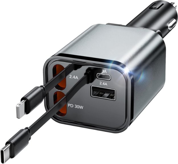 Picture of 69W Retractable Car Charger 4-in-1 Fast USB C Car Adapter with Dual Retractable Cables, USB-A & USB-C Ports for iPhone, Samsung, Pixel