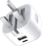 Picture of 20W Dual Port USB C Charger Plug for iPhone 17e/17/17 Pro/17 Pro Max/17 Air, 16/16e/16 Pro/16 Plus, 15/15 Pro/Pro Max – PD + USB A Fast Charging UK 3 Pin Foldable Wall Adapter (WHITE)